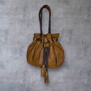 Anthropologie Lucky Penny Brown Leather Hobo Bucket Bag Rope Tassels Boho Studs